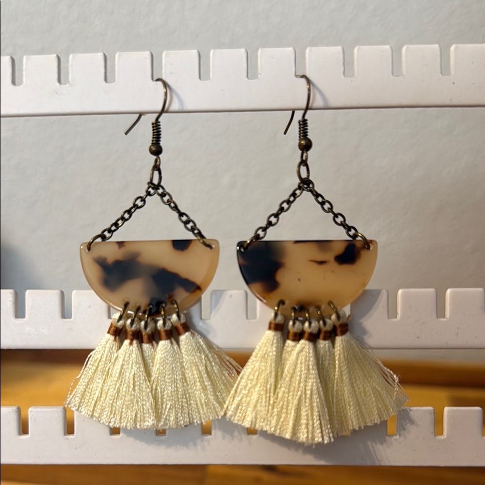 Tortoise Shell and Cream Tassel Earrings